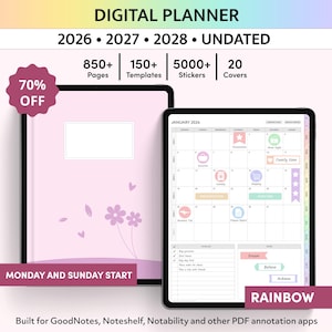 Op de afbeelding: Digitale planner met een roze omslag en een tablet met een kalender. De planner bevat 850+ pagina's, 150+ sjablonen, 5000+ stickers en 20 covers. De tekst luidt "DIGITAL PLANNER 2026 2027 2028 UNDATED" en "MONDAY AND SUNDAY START".