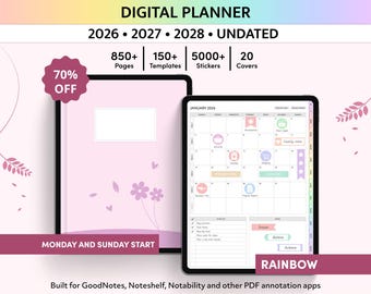 Puede incluir: Agenda digital con una cubierta rosa y una tableta que muestra un calendario. El planificador incluye más de 850 páginas, 150+ plantillas, 5000+ pegatinas y 20 cubiertas. El texto dice "DIGITAL PLANNER 2026 2027 2028 UNDATED" y "MONDAY AND SUNDAY START".