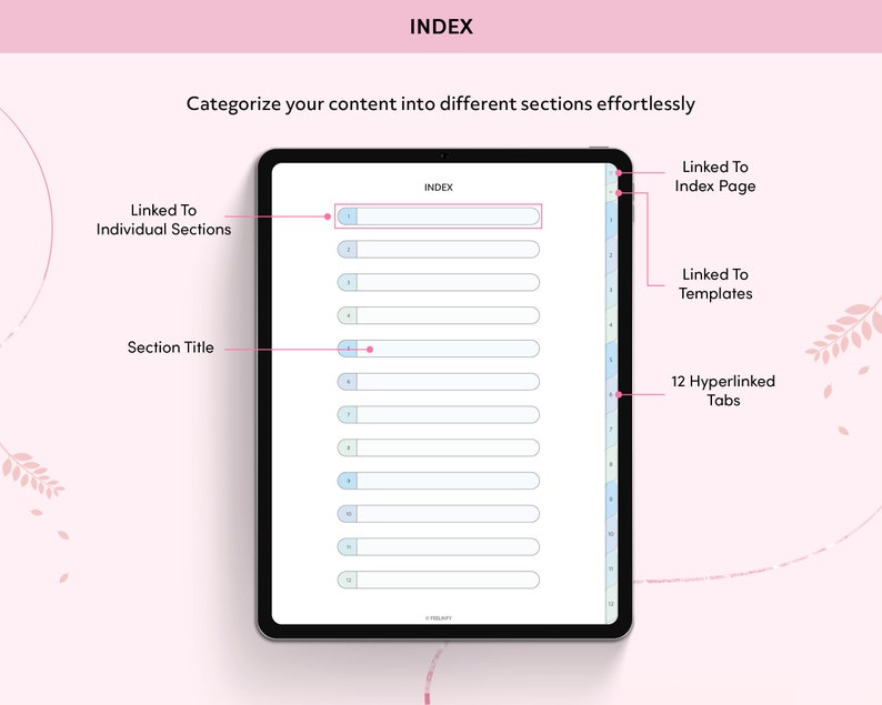 May include: A digital planner template with 12 hyperlinked tabs for organizing content. The template has a light blue and white color scheme and includes a section for linked to individual sections, section title, and linked to index page.