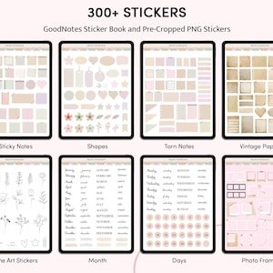 May include: A digital planner with over 300 stickers for GoodNotes. The stickers are organized into categories: Sticky Notes, Shapes, Torn Notes, Vintage Papers, Line Art Stickers, Month, Days, and Photo Frames.