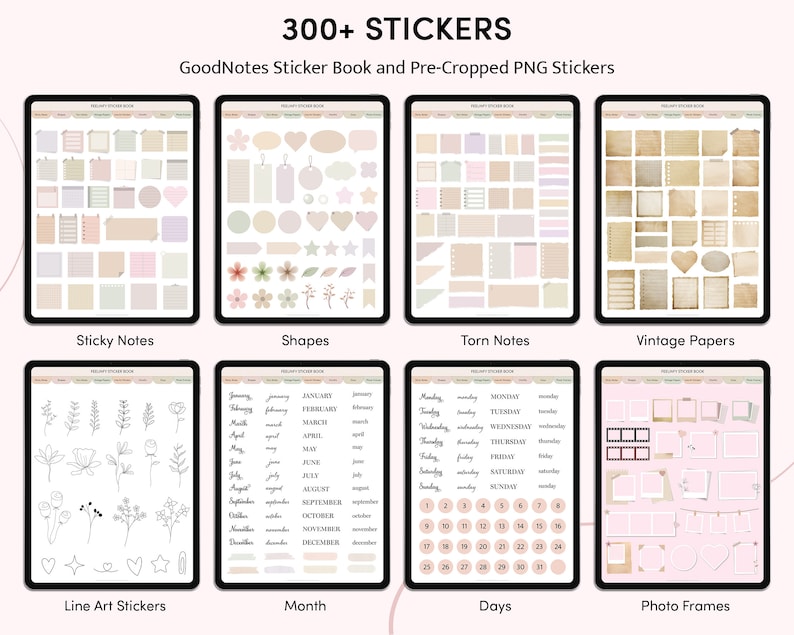 May include: A digital planner with over 300 stickers for GoodNotes. The stickers are organized into categories: Sticky Notes, Shapes, Torn Notes, Vintage Papers, Line Art Stickers, Month, Days, and Photo Frames.