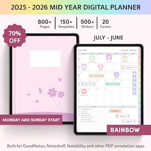 Digital Planner 2025 2026, Mid Year GoodNotes Planner, iPad Planner, Rainbow Planner, Weekly planner, Daily Planner, Notability Planner