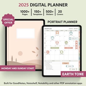 Digital Planner 2025, GoodNotes Planner, iPad Planner, Earth Tone Digital Planner, Weekly planner, Daily Planner, Notability Planner, Boho
