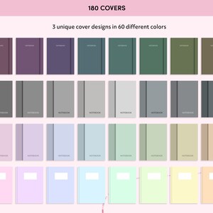 May include: A set of 180 notebook covers featuring three unique designs in 60 different colors. The covers are all rectangular and have a simple, modern design. The colors range from light to dark and include a variety of shades of blue, green, purple, pink, and gray.