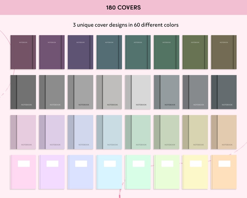 May include: A set of 180 notebook covers featuring three unique designs in 60 different colors. The covers are all rectangular and have a simple, modern design. The colors range from light to dark and include a variety of shades of blue, green, purple, pink, and gray.