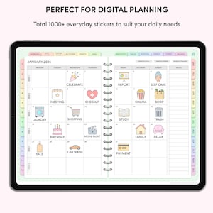 May include: A digital planner with a monthly calendar view. The calendar is for January 2025 and has colorful stickers for different activities, such as laundry, meeting, birthday, celebrate, shopping, car wash, sale, checkup, movie night, report, self care, study, payment, cinema, shop, trash, family, and relax.
