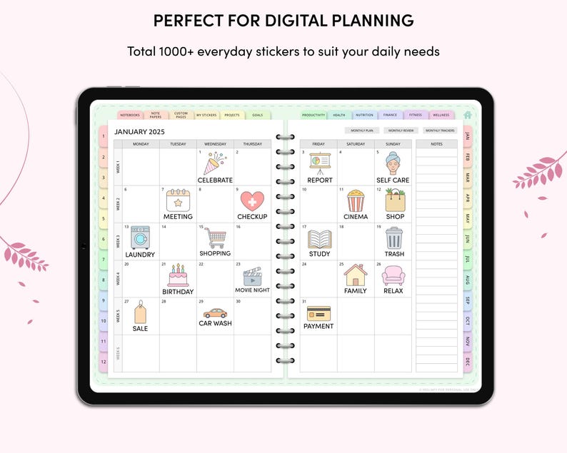 May include: A digital planner with a monthly calendar view. The calendar is for January 2025 and has colorful stickers for different activities, such as laundry, meeting, birthday, celebrate, shopping, car wash, sale, checkup, movie night, report, self care, study, payment, cinema, shop, trash, family, and relax.
