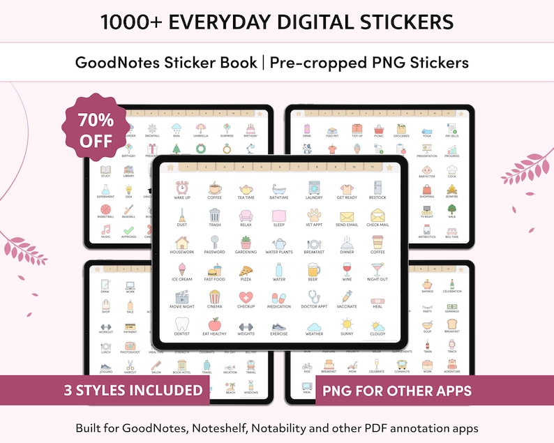 May include: A digital sticker book for GoodNotes, Noteshelf, Notability and other PDF annotation apps. The book contains over 1000 everyday digital stickers in three styles. The image shows a preview of the stickers, which are pre-cropped PNG files. The stickers are organized into categories such as "Housework", "Coffee", "Tea Time", "Bathtime", "Ice Cream", "Fast Food", "Movie Night", "Relax", "Restock", "Check Mail", "Water Plants", "Coffee", "Checkup", "Medication", "Doctor Appt", "Eat Healthy", "Weights", "Exercise", "Weather", "Sunny", "Cloudy", "Night Out".