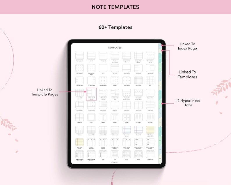 May include: A digital tablet screen displaying a grid of 60+ note templates. The templates are organized into 12 categories, each with a different layout and design. The tablet has a light blue and white color scheme. The text "NOTE TEMPLATES" and "60+ Templates" is displayed at the top of the screen. The text "TEMPLATES" is displayed at the top of the grid. The text "Linked To Template Pages" is displayed on the left side of the screen. The text "Linked To Index Page" is displayed on the right side of the screen. The text "Linked To Templates" is displayed on the right side of the screen. The text "12 Hyperlinked Tabs" is displayed on the right side of the screen.