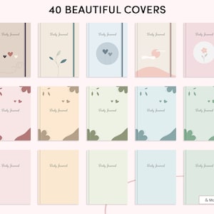 May include: A collection of 40 different journal covers with minimalist designs. The covers feature various colors and patterns, including hearts, leaves, and clouds. The text "Daily Journal" is printed on each cover.