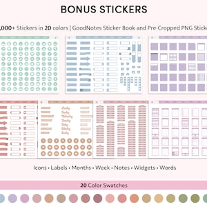 May include: A set of digital stickers for GoodNotes app. The stickers include icons, labels, months, weeks, notes, widgets, and words. The stickers are available in 20 colors. The image shows a preview of the stickers.