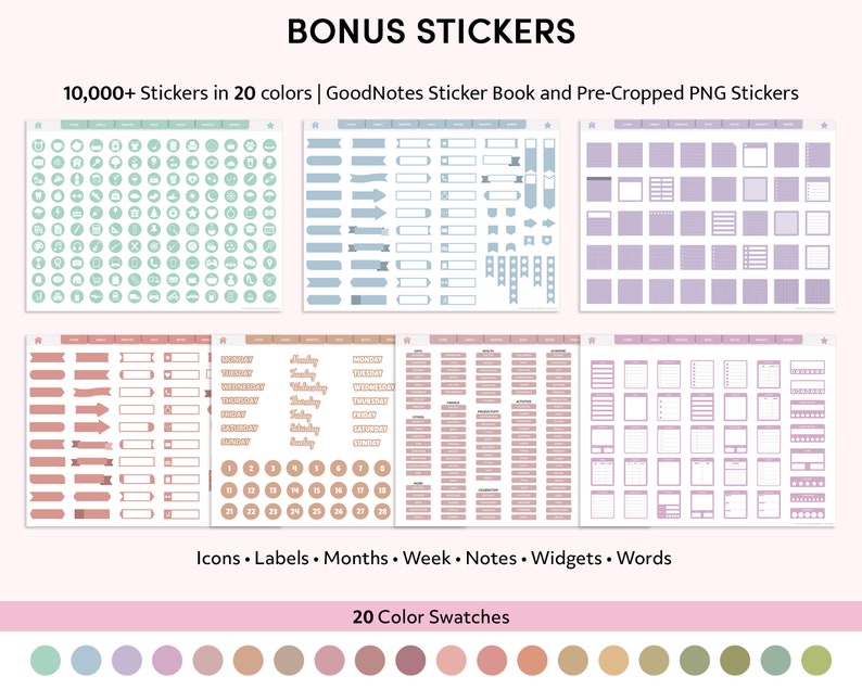 May include: A set of digital stickers for GoodNotes app. The stickers include icons, labels, months, weeks, notes, widgets, and words. The stickers are available in 20 colors. The image shows a preview of the stickers.