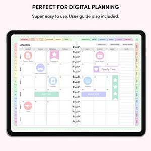 May include: A digital planner displayed on a tablet screen, featuring a January calendar layout with colorful tabs and icons. The text "PERFECT FOR DIGITAL PLANNING" and "Super easy to use. User guide also included." are visible.