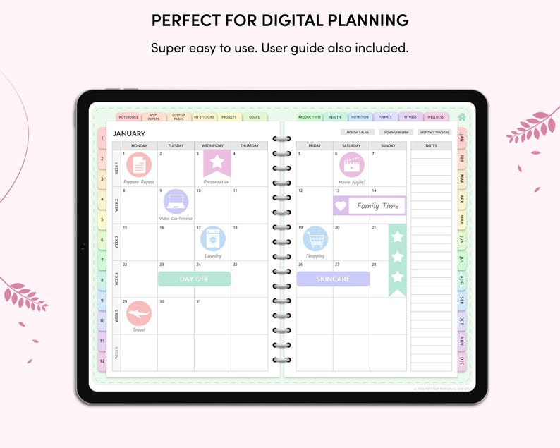 May include: A digital planner displayed on a tablet screen, featuring a January calendar layout with colorful tabs and icons. The text "PERFECT FOR DIGITAL PLANNING" and "Super easy to use. User guide also included." are visible.