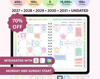 May include: An all-in-one digital planner displayed on a tablet screen, featuring a monthly calendar grid with pastel-colored stickers, tabs for productivity, health, and finance, and text indicating compatibility with GoodNotes, Notability, and Noteshelf.