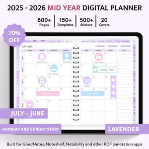 Lavender 2025 2026 Digital Planner, Mid Year GoodNotes Planner, Cute iPad Planner, Weekly planner, Daily Planner, Monthly Planner, Template