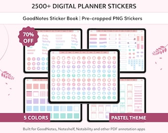 Pastellfärgade digitala planeringsklistermärken, GoodNotes-klistermärkesbok, söta iPad-klistermärken, förbeskurna PNG-klistermärken, självhäftande lappar, vardagsklistermärken