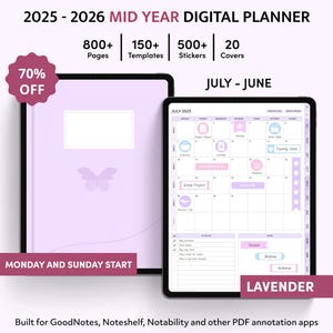 Digital Planner 2025 2026, Mid Year GoodNotes Planner, iPad Planner, Lavender Planner, Weekly planner, Daily Planner, Notability Planner
