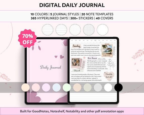 Digital Journal, Daily Journal, GoodNotes Journal, iPad Journal, GoodNotes Notebook, Undated, Notability Journal, 365 Days Journal Template