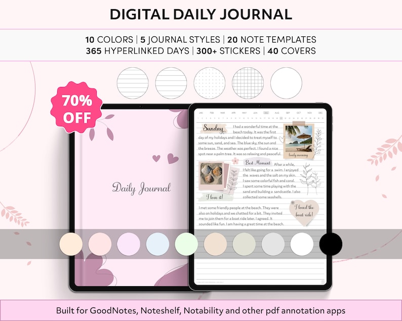 May include: A digital daily journal with a pink floral cover and a sample page showing a handwritten entry about a beach day. The journal is available in 10 colors, 5 styles, and 20 note templates. It also includes 300+ stickers and 40 covers. The text "70% OFF" is displayed in a red circle.