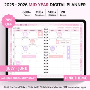 Pink Digital Planner 2025 2026, Mid Year GoodNotes Planner, iPad Planner, Weekly planner, Daily Planner, Notability Planner, Cute Planner