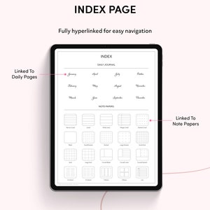May include: A digital planner index page with hyperlinks to daily journal pages and note papers. The index includes months of the year and different note paper styles.