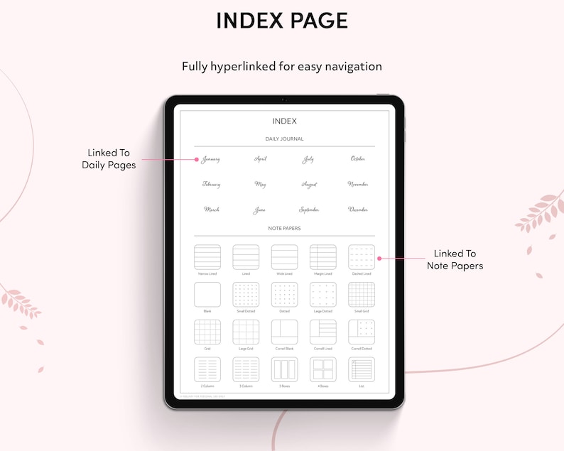 May include: A digital planner index page with hyperlinks to daily journal pages and note papers. The index includes months of the year and different note paper styles.