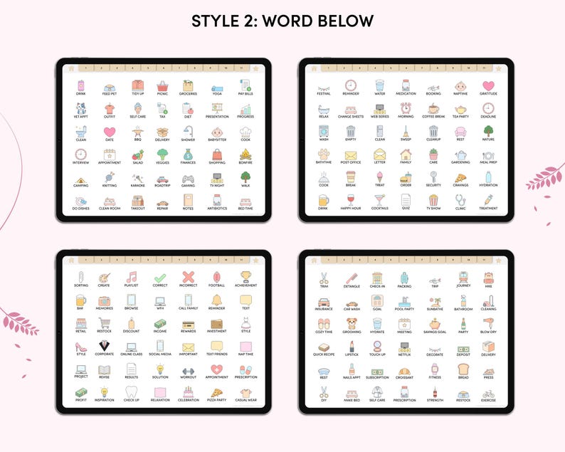 May include: A digital planner with colorful icons representing various activities and tasks. The icons are organized into categories, such as "Self Care", "Work", "Home", and "Fun". The planner is designed to help users stay organized and on track with their goals.