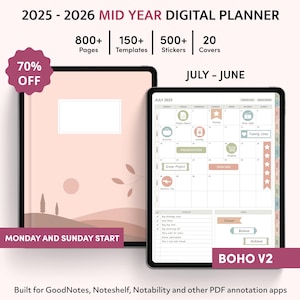 Digital Planner 2025 2026, Mid Year GoodNotes Planner, iPad Planner, Boho Digital Planner, Weekly planner, Daily Planner, Notability Planner