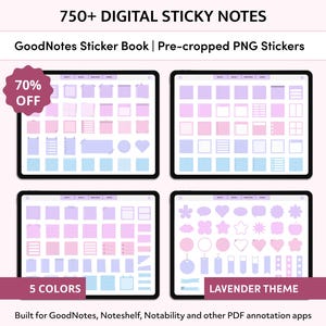 Può includere: Note adesive digitali a tema lavanda, visualizzate su quattro tablet. Ogni tablet mostra una griglia di adesivi PNG pre-ritagliati e colorati. L'immagine include il testo "750+ DIGITAL STICKY NOTES" e "5 COLORS". È visibile anche un adesivo "70% OFF".