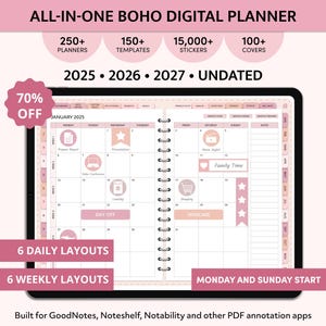 May include: A digital planner with a pink and white colour scheme. The planner is open to the January 2025 calendar page. The planner includes 6 daily layouts, 6 weekly layouts, and 15,000 stickers. The planner is compatible with GoodNotes, Noteshelf, Notability, and other PDF annotation apps. 70% off.
