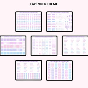 May include: Seven digital tablet screens displaying a lavender theme. The screens showcase various digital planner templates, including calendars, lists, and decorative elements in shades of purple, pink, and blue. The text "LAVENDER THEME" is at the top.