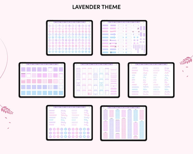 May include: Seven digital tablet screens displaying a lavender theme. The screens showcase various digital planner templates, including calendars, lists, and decorative elements in shades of purple, pink, and blue. The text "LAVENDER THEME" is at the top.