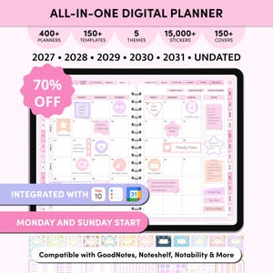 Pink Digital Planner 2027, 2028, 2029, 2030, 2031, Undated, Cute iPad Planner, GoodNotes Planner, Daily Planner, Weekly Planner Template