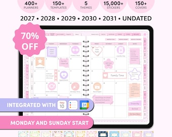 May include: An all-in-one digital planner displayed on a tablet screen, featuring a monthly calendar layout with pastel-colored stickers, tabs for organization, and compatibility with GoodNotes, Noteshelf, and Notability. Includes 400+ planners, 150+ templates, 5 themes, 15,000+ stickers, and 150+ covers for years 2027-2031 and undated options.