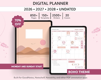 May include: Digital planner with a boho theme, featuring a calendar layout for January 2026. The image shows a digital planner with a landscape design and the text "MONDAY AND SUNDAY START". Includes 850+ pages, 150+ templates, 2500+ stickers, and 20 covers.