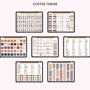 May include: Digital planner stickers and templates displayed on tablets. The theme is coffee, with various brown, beige, and cream color schemes. The tablets show different layouts, including circles, arrows, and calendar elements.