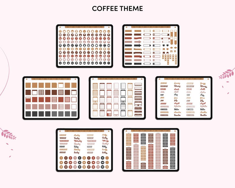 May include: Digital planner stickers and templates displayed on tablets. The theme is coffee, with various brown, beige, and cream color schemes. The tablets show different layouts, including circles, arrows, and calendar elements.