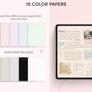 May include: A digital planner app on a tablet screen with a light pink background. The app has a daily planner with a Monday date and a section for notes. The notes section has a handwritten message about a productive day and a promotion. The app also has a section for goals and a section for gratitude.