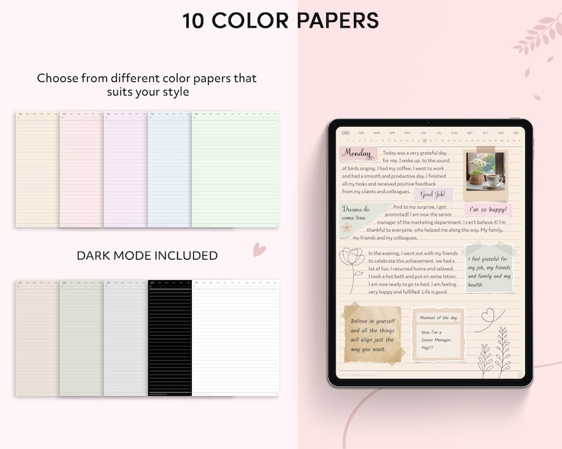 May include: A digital planner app on a tablet screen with a light pink background. The app has a daily planner with a Monday date and a section for notes. The notes section has a handwritten message about a productive day and a promotion. The app also has a section for goals and a section for gratitude.