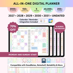 May include: An all-in-one digital planner featuring 2000+ planners, 150+ templates, 5 themes, 40,000+ stickers, and 250+ covers. Includes 2027-2031 and undated versions, calendar integration, and 10 bonus notebooks. Compatible with GoodNotes and Notability.
