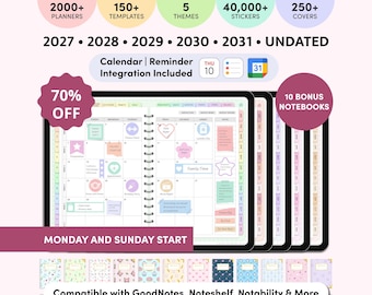 Könnte beinhalten: Ein All-in-One digitaler Planer mit über 2000 Planern, 150 Vorlagen, 5 Themen, 40.000 Stickern und 250 Covern. Enthält Versionen für 2027-2031 sowie undatierte Optionen, Kalenderintegration und 10 Bonus-Notizbücher. Kompatibel mit GoodNotes und Notability.