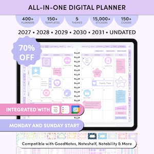 Op de afbeelding: Een alles-in-één digitale planner met 400+ planners, 150+ sjablonen, 5 thema's, 15.000+ stickers en 150+ covers. Inclusief de jaren 2027-2031, ongedateerde opties, start op maandag of zondag en integratie met Google Calendar en diverse apps.