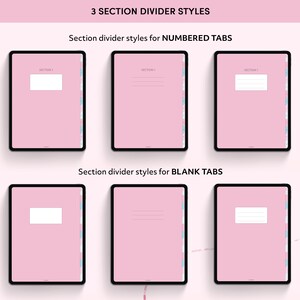May include: Six digital planner pages with pink backgrounds and different divider styles. The pages are labeled "Section 1" and have either numbered or blank tabs.