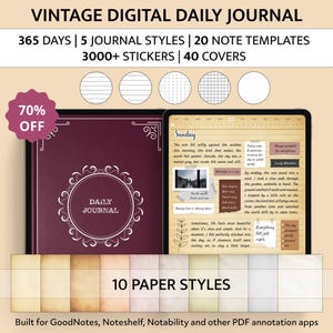 May include: A digital daily journal with a burgundy cover and the words "DAILY JOURNAL" in a white circular design. The image shows a tablet displaying a journal entry. Text includes "365 DAYS | 5 JOURNAL STYLES | 20 NOTE TEMPLATES | 3000+ STICKERS | 40 COVERS".