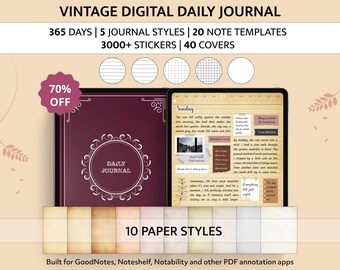 iPadとタブレット向けのヴィンテージデジタル日記帳、GoodNotes、Notability、365日レトロ日記