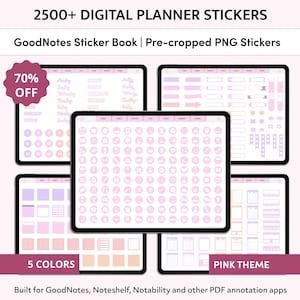 May include: Digital planner stickers in a pink theme, displayed on several tablets. The image includes the text "2500+ DIGITAL PLANNER STICKERS", "GoodNotes Sticker Book", and "5 COLORS". A "70% OFF" sticker is also present.