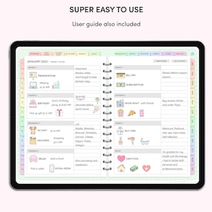 May include: A weekly planner with a pastel green and white background. The planner is open to January 2025, week 1. The planner has a daily layout with space for appointments, notes, and tasks. The planner also includes a section for gratitude and self-care.