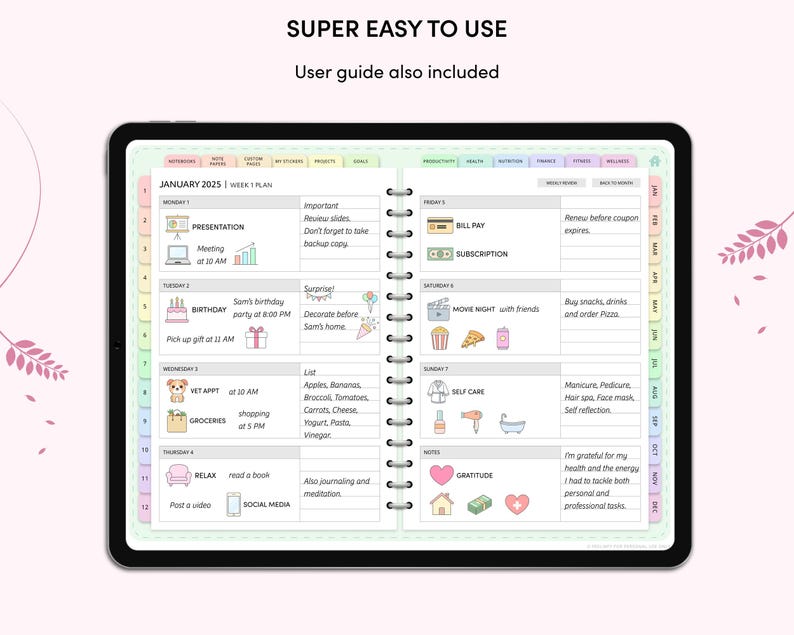May include: A weekly planner with a pastel green and white background. The planner is open to January 2025, week 1. The planner has a daily layout with space for appointments, notes, and tasks. The planner also includes a section for gratitude and self-care.