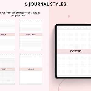 May include: Five different journal styles are shown on a pink background. The styles include lined, wide lined, dotted, grid, and blank.